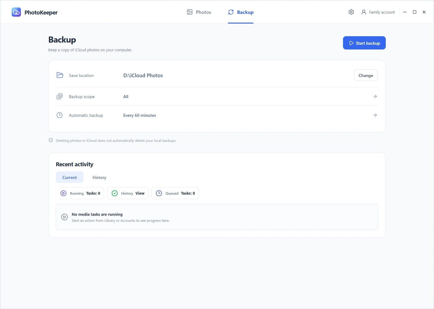 PhotoKeeper backup view with destination folder, scope, and schedule settings
