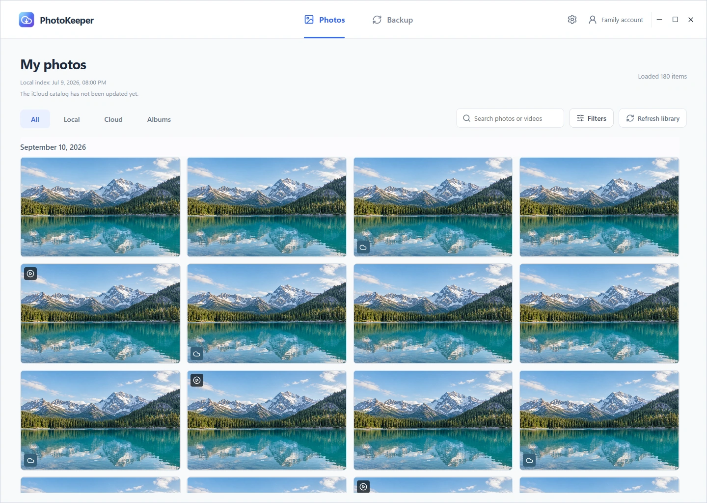 PhotoKeeper gallery with albums, search, filters, and photo thumbnails