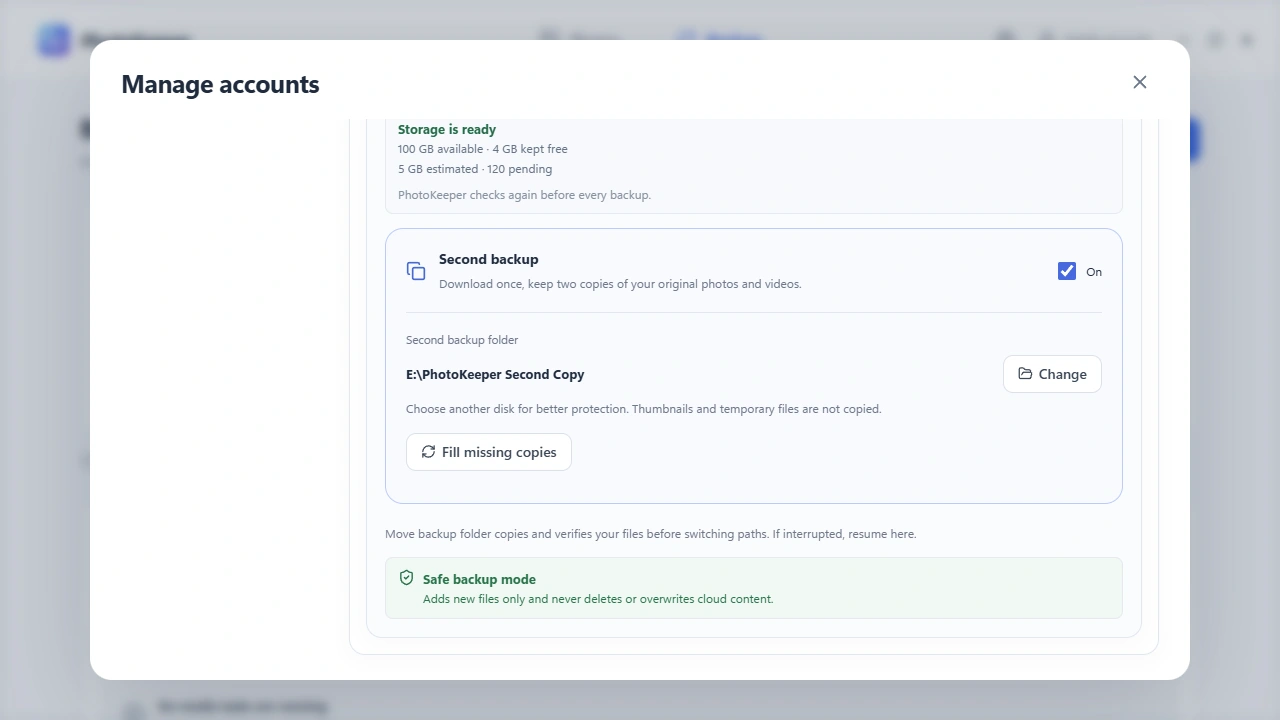 PhotoKeeper storage settings showing the primary and optional second backup folders